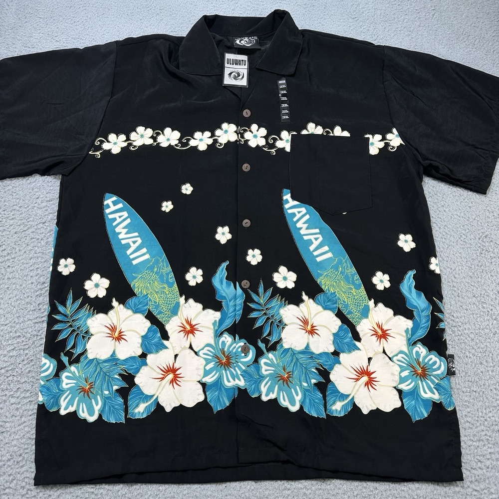 Vintage‎ Uluwatu Shirt Mens XXL Black Soft Camp Surfboard Hibiscus Hawaii Dragon